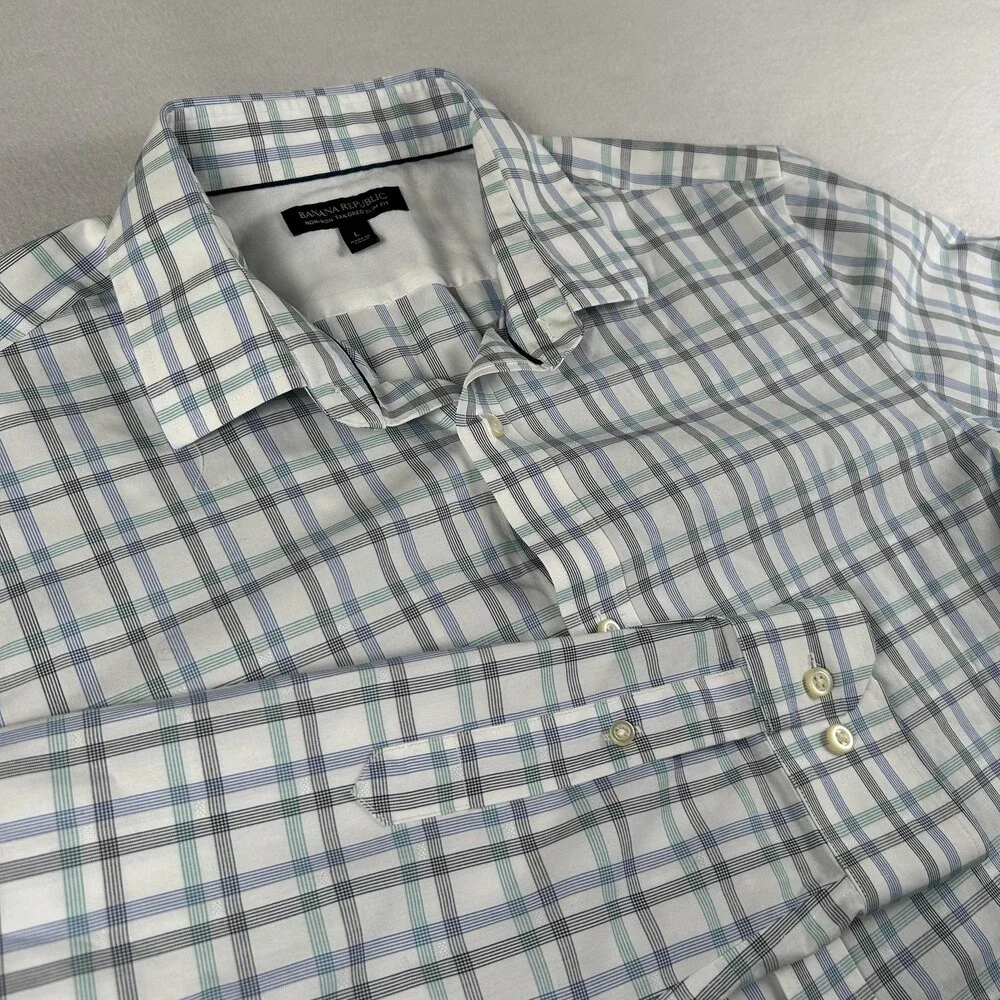Banana Republic Dress Shirt Mens 16-16.5 L Blue Plaid Slim Fit Non Iron